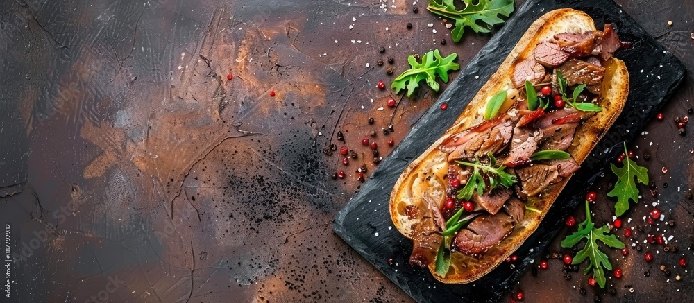 Aufkleber A rustic top view of a fresh appetizing foie gras liver sandwich made with goose or duck served on a table with copy space for an image of food
