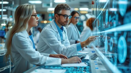 Obraz premium Scientists in a modern laboratory analyzing data on advanced digital screens, focused on scientific research and innovation.