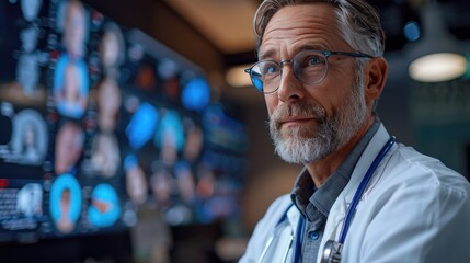 Senior doctor analyzing medical data on multiple digital screens in a high-tech laboratory setting. Advanced medical technology concept.