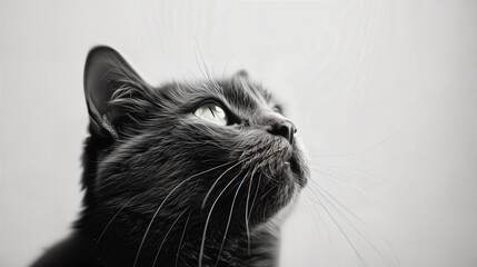 a black and white photo of a cat looking up