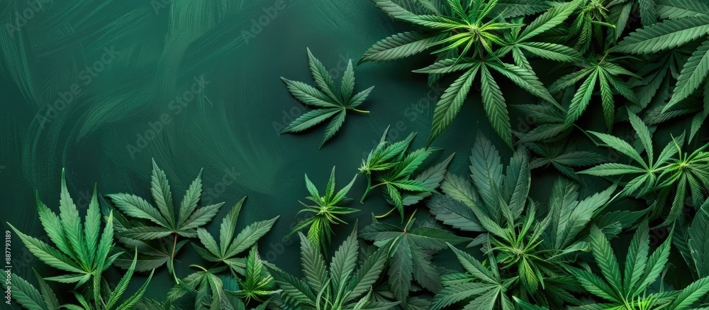 Poster top down view of green marijuana leaves on a green backdrop with copy space image