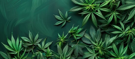 Top down view of green marijuana leaves on a green backdrop with copy space image