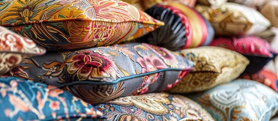 Enhance your home decor with these elegant seat cushions showcasing intricate patterns and luxurious fabrics blending timeless style and comfort into a stunning copy space image