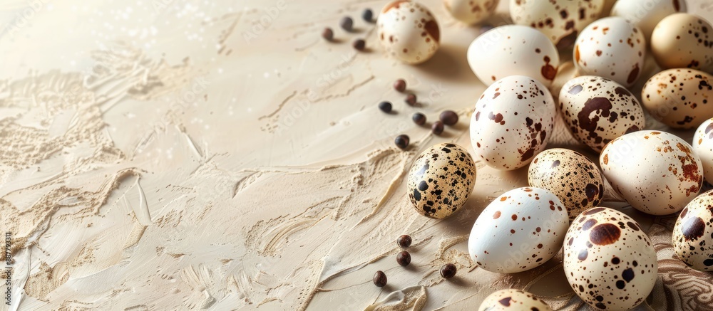 Aufkleber Easter themed postcard design featuring quail eggs nestled on a light beautiful surface with empty space for text or images. with copy space image. Place for adding text or design
