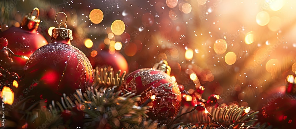 Poster Selective focus on a festive Christmas background with a joyful New Year greeting in view perfect for a greeting card or copy space image