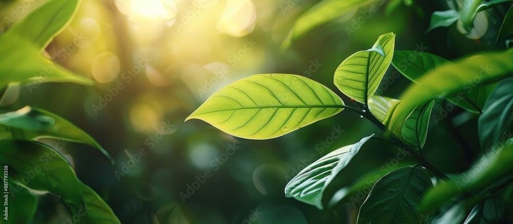 Poster lush green leaf against a blurred garden backdrop with copy space image for an eco friendly and fres