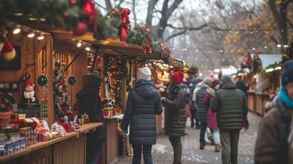 Naklejka premium A festive holiday market with stalls selling gifts, food, and decorations, bustling with people enjoying the season