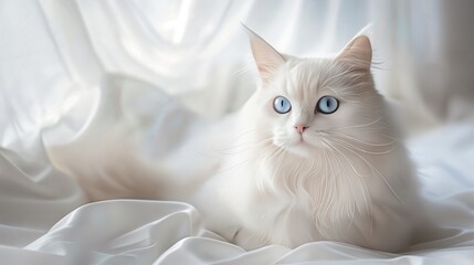 a white cat with blue eyes sitting on a white sheet