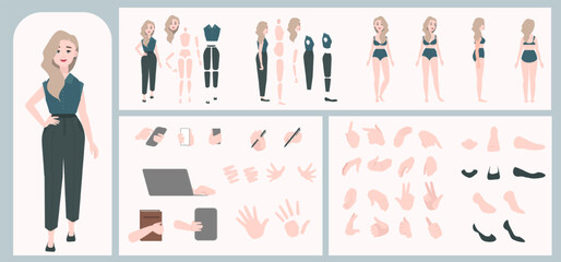 Business woman avatar creation suitable for animation. Generator, constructor of diverse views of face, body, hands and leg parts. Female character construction for comfortable fast motion design.