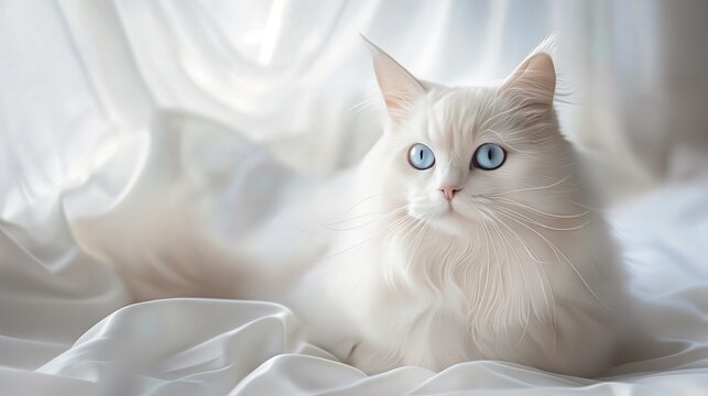 a white cat with blue eyes sitting on a white sheet
