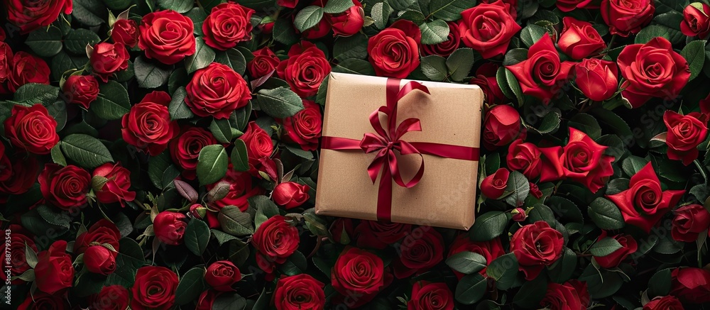 Poster A Valentine s Day gift box placed against a backdrop of vivid red roses creating a beautiful photo with ample copy space image