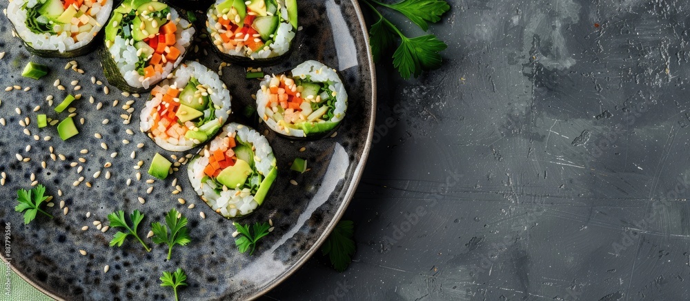 Poster Top down view of homemade avocado tuna wraps arranged on a plate with space for text in the image. with copy space image. Place for adding text or design