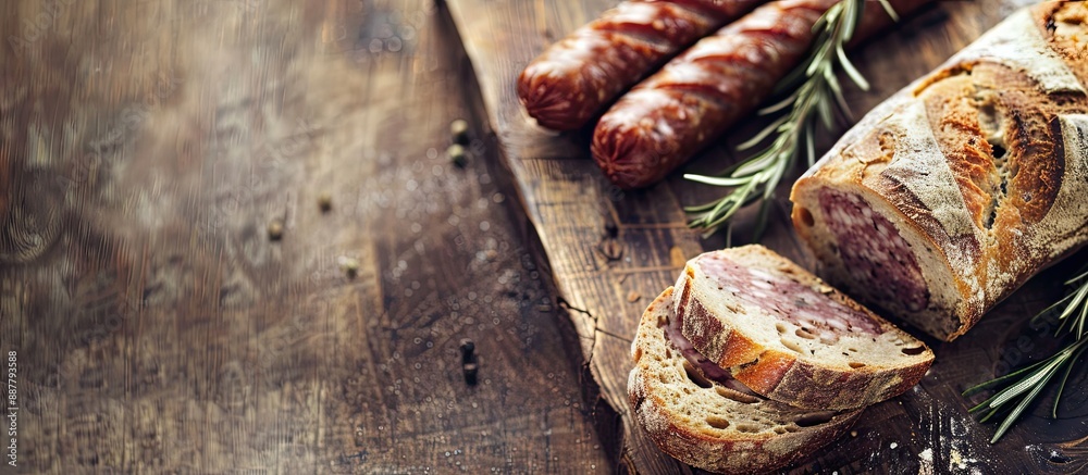 Fototapete vintage style filtered image of bread with sausage on a wooden backdrop with copy space image