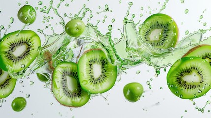 Fresh Kiwi Slices in Tangy Splash, Vibrant Fruits in Clear Juice with Dynamic Movement on Plain Background, Generative Ai
