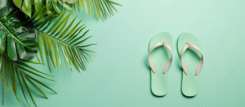 Aufkleber Summer style flip flops displayed on a fresh mint green backdrop with ample copy space image
