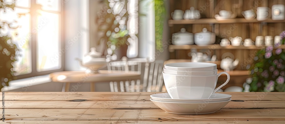 Poster Indoor scene with a fresh set of white dishes displayed on a wooden table creating an inviting atmosphere with visible copy space image
