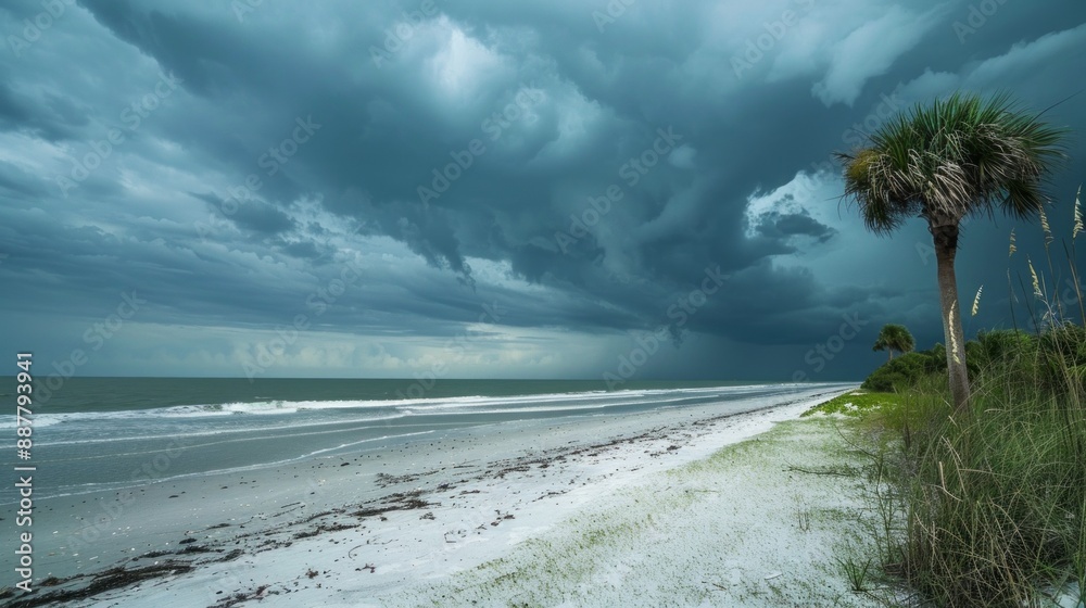 Poster a beach with a palm tree and a cloudy sky