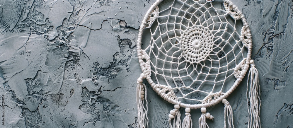 Aufkleber Close up of a white crochet dream catcher against a textured gray surface resembling concrete with space for text in the image. with copy space image. Place for adding text or design