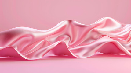 Fototapeta premium Luxury silk fabric gracefully floating in an empty studio. Pastel satin cloth waves against a pink backdrop. Beauty, fashion, and cosmetic product showcase display. Premium brand mockup template.