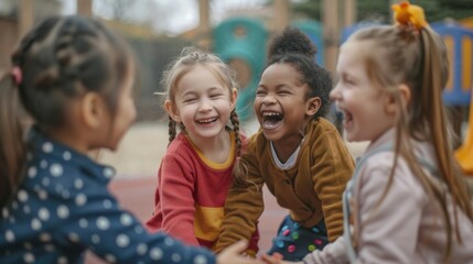 A group of children from various ethnic backgrounds playing together in a school playground, enjoying each other's company