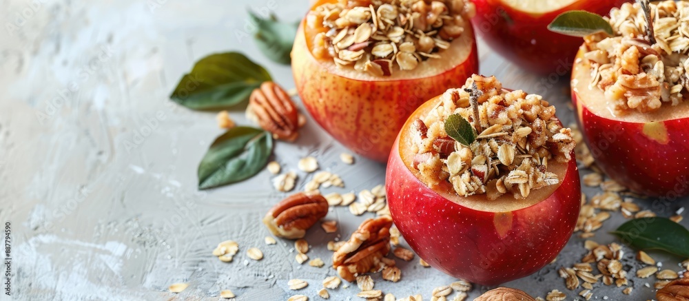 Poster a copy space image featuring baked apples filled with a mixture of oats and nuts
