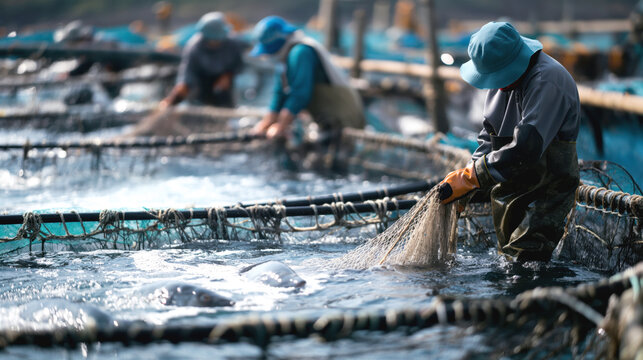 Workers harvesting fish from marine fish farming nets in an aquaculture facility, wearing protective clothing and gloves.