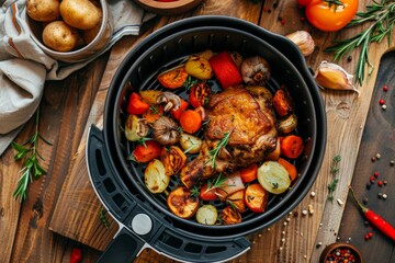 air fryer on rustic wooden table