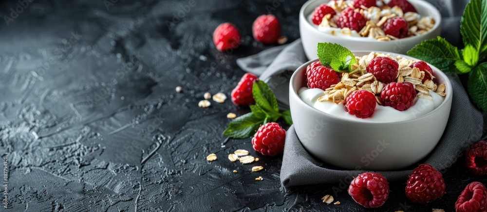 Poster a nutritious vegan breakfast with yogurt muesli and raspberries on a dark backdrop featuring copy sp