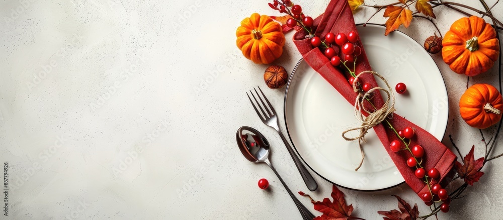Aufkleber stylish autumn table setting with cutlery napkin pumpkins and berries arranged on a light background
