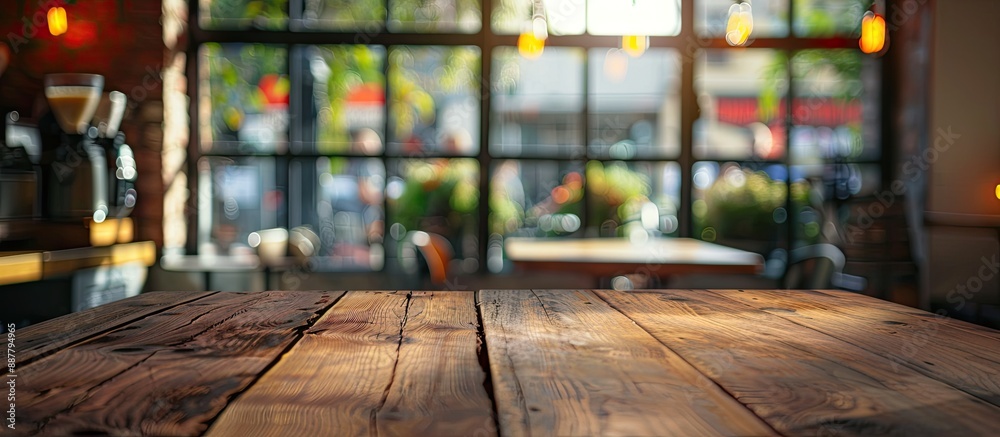 Poster wooden table at a cafe or bar with blurred background perfect for showcasing products with copy spac