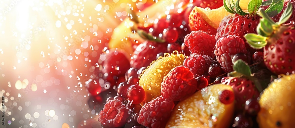Leinwandbilder fresh fruits background featuring water drops on ripe sweet fruits and berries ideal for vegan and v
