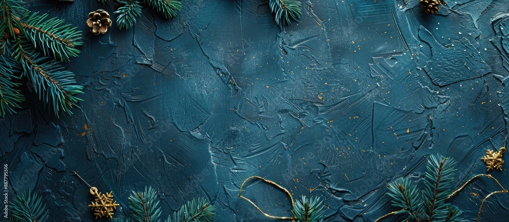 Poster top down view of a festive scene featuring dark blue hues fir branches christmas decorations and toy