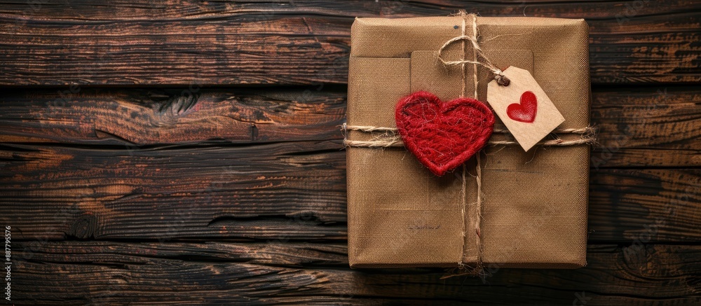Poster vintage gift box with red heart craft paper wrapping tag on old wooden table background in a flat la