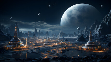 A space colony on an alien moon at night with a huge blue gas giant planet in the background. The colony is built on a rocky terrain with glowing buildings and roads.