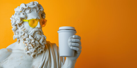 Antique sculpture wearing yellow sunglasses holding a white coffee cup on an orange background