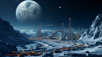 A futuristic, snow-covered landscape features a modern, illuminated city nestled in a valley amidst towering, snow-capped mountains below a brilliant moon and starry night sky.