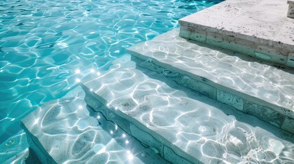 Obraz premium Steps to an outdoor pool with clear blue water safe entry visibility of white steps and gentle ripples on the surface