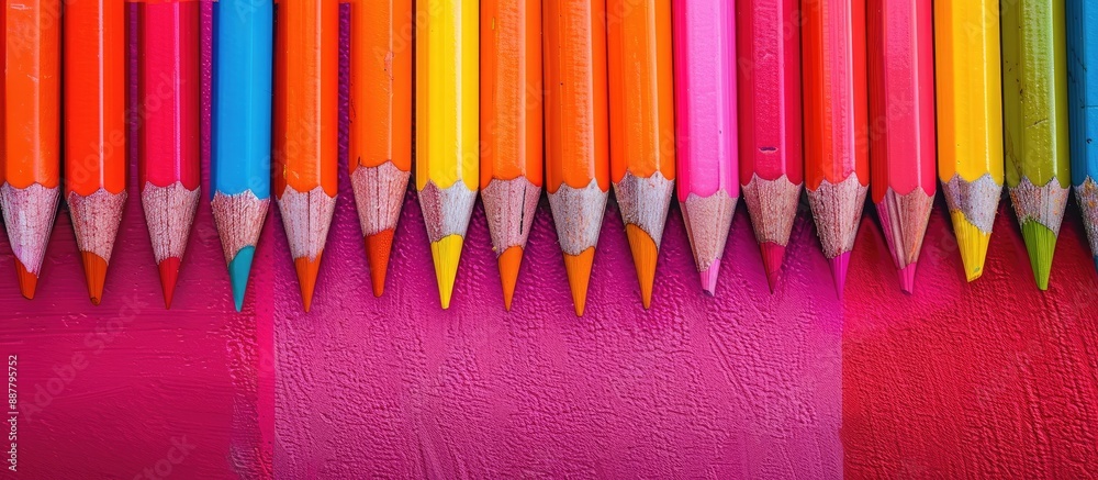Poster colorful pencils arranged neatly against a vibrant backdrop with copy space image