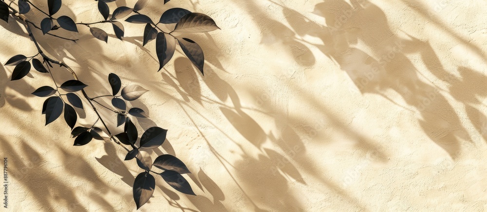 Poster diagonal shadows of tree leaves create an abstract nature themed background on a beige wall texture 