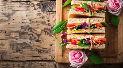 Sandwich on wooden table from front view decorated with flowers. Looks delicious. Food concept.
