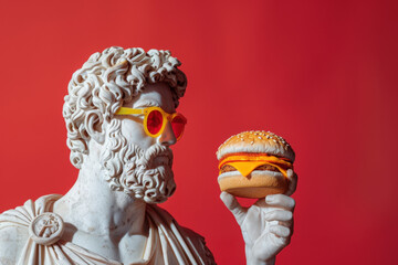 White marble bust with modern yellow sunglasses, holding a tasty burger with a red background