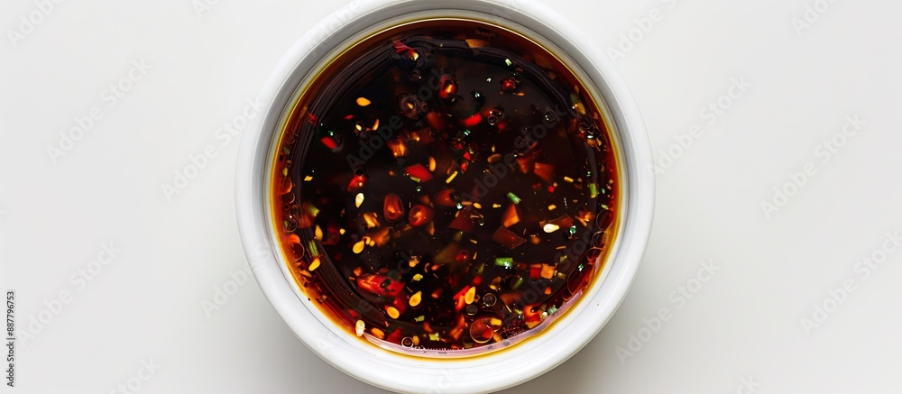 Fototapete top down view of sukiyaki sauce in a white cup with a clear background for additional visual element
