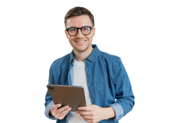 A positive male manager utilizes a tablet and laptop computer. cut out
