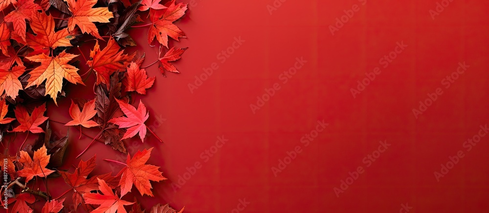 Fototapete Fall leaves set against a red backdrop with a designated area to add text copy space image included