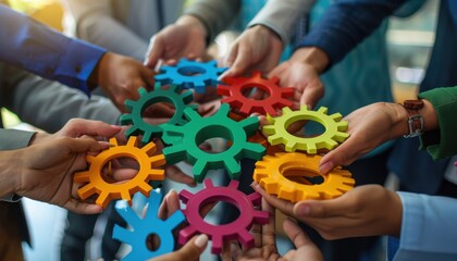 Group of People Holding Colorful Interlocking Gears Together