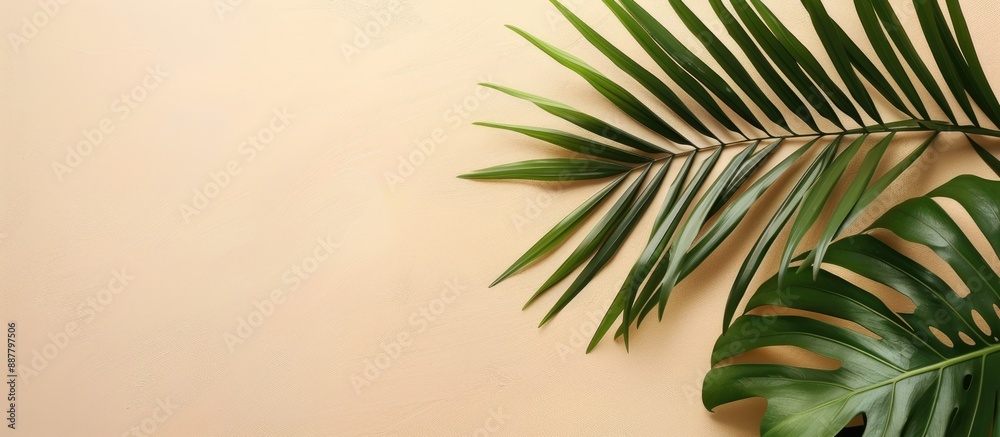 Poster flat lay with a tropical vibe featuring a palm leaf on a soft beige background perfect for a copy sp