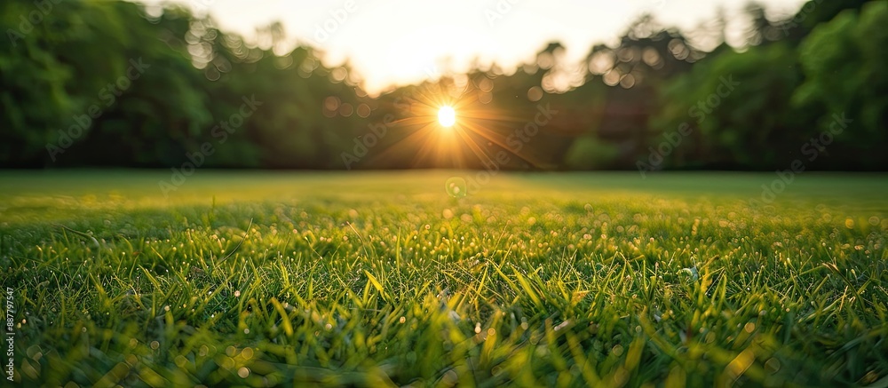 Aufkleber Sunset over a grassy field with a blurred forest in the backdrop creating a scenic copy space image with selective focus and shallow depth of field