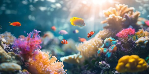 Fototapeta premium A colorful coral reef with a variety of fish swimming around. The fish are orange, yellow, and pink, and they are swimming in the water. The scene is lively and vibrant