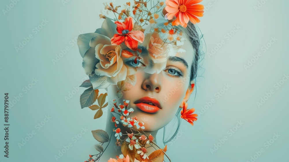 Wall mural Artistic composition of a woman's face intertwined with vibrant flowers and leaves, blending beauty and nature.