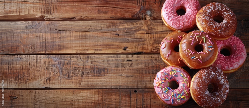 Leinwandbilder donuts are displayed on a wooden surface with copy space image available for additional content